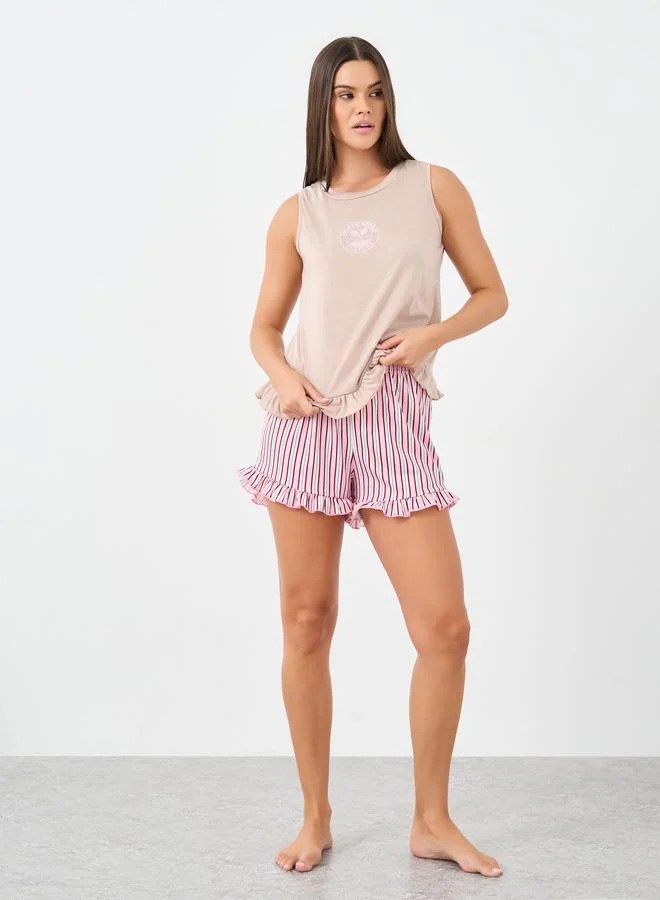 ستايلي Styli Ruffle Hem Graphic Tank and Striped Shorts Set