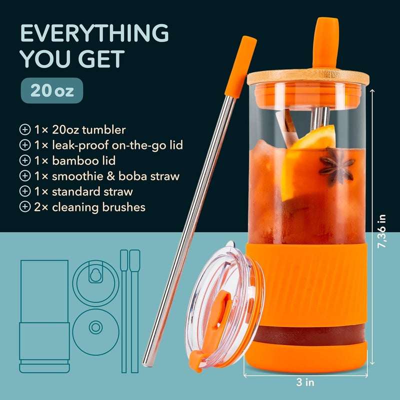 Pandaloo ® Glass Cups With Lids and Straws -20 Fl Oz- Perfect Size Iced Coffee Cup - Smoothie Cup With Bamboo Lid and On the go Lid - Glass Tumbler With Straw (1 Count (Pack of 1), Autumn Gold) - Image 2