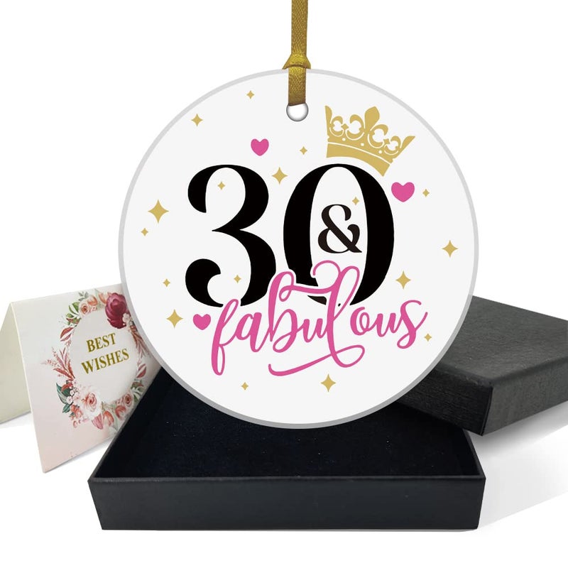 REWIDPARTY Fabulous 30th Birthday Ornaments Gifts Keepsake Sign Round Plaque Happy for 30 Years Birthday Gifts Idea Christmas Decoration 3"" Circle Ceramic Ornament with Gold Ribbon & Gift Box - Image 1