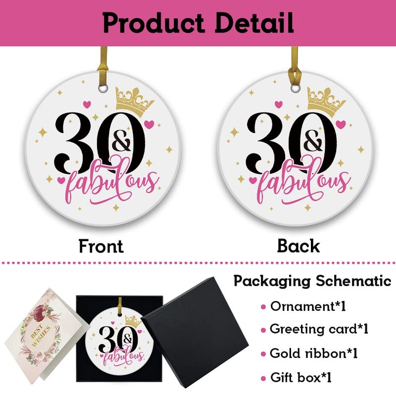 REWIDPARTY Fabulous 30th Birthday Ornaments Gifts Keepsake Sign Round Plaque Happy for 30 Years Birthday Gifts Idea Christmas Decoration 3"" Circle Ceramic Ornament with Gold Ribbon & Gift Box - Image 2