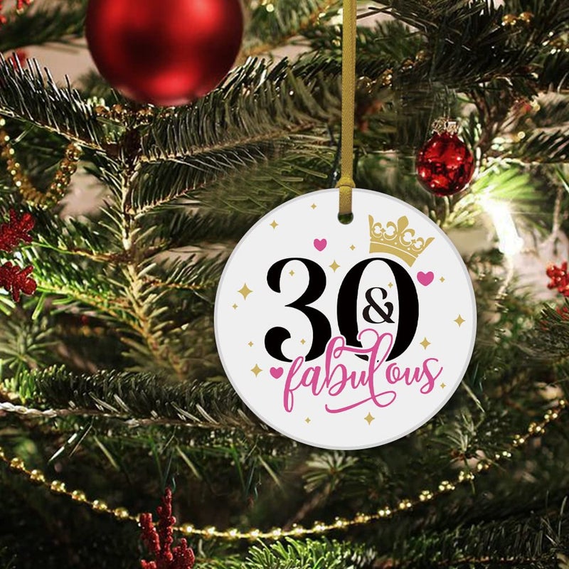 REWIDPARTY Fabulous 30th Birthday Ornaments Gifts Keepsake Sign Round Plaque Happy for 30 Years Birthday Gifts Idea Christmas Decoration 3"" Circle Ceramic Ornament with Gold Ribbon & Gift Box - Image 4
