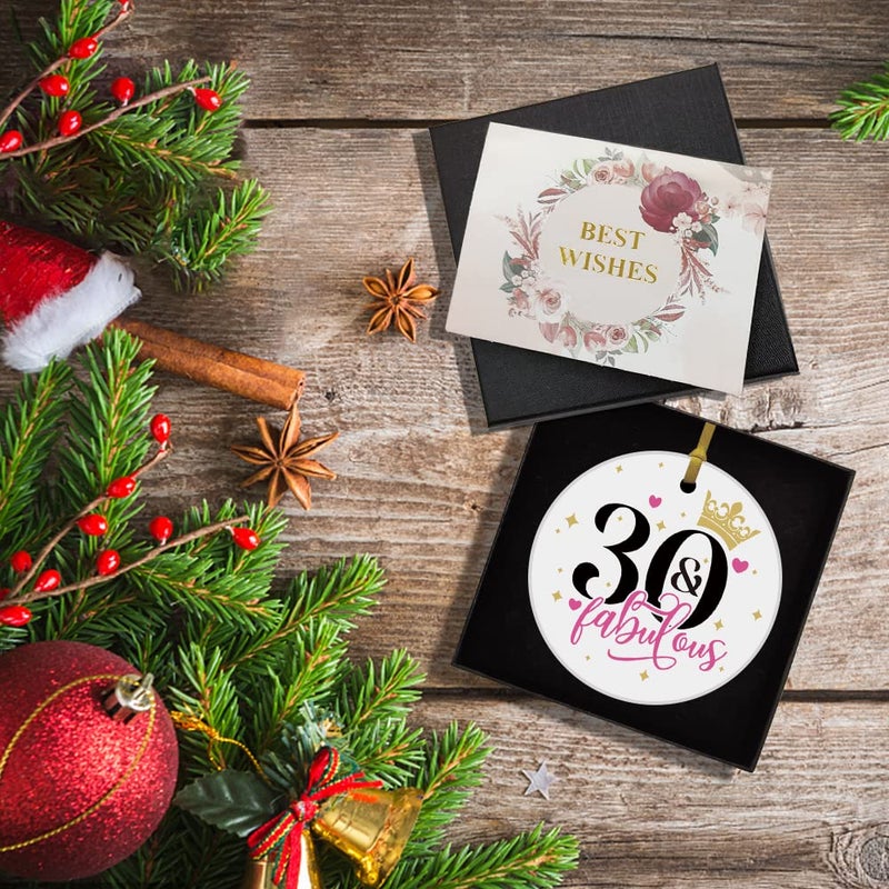 REWIDPARTY Fabulous 30th Birthday Ornaments Gifts Keepsake Sign Round Plaque Happy for 30 Years Birthday Gifts Idea Christmas Decoration 3"" Circle Ceramic Ornament with Gold Ribbon & Gift Box - Image 5