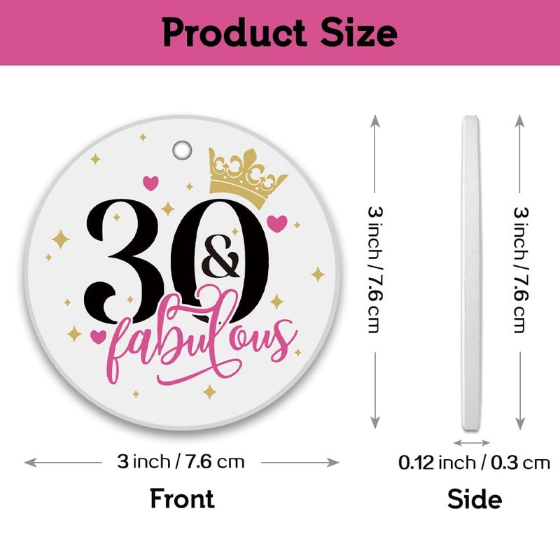 REWIDPARTY Fabulous 30th Birthday Ornaments Gifts Keepsake Sign Round Plaque Happy for 30 Years Birthday Gifts Idea Christmas Decoration 3"" Circle Ceramic Ornament with Gold Ribbon & Gift Box - Image 3