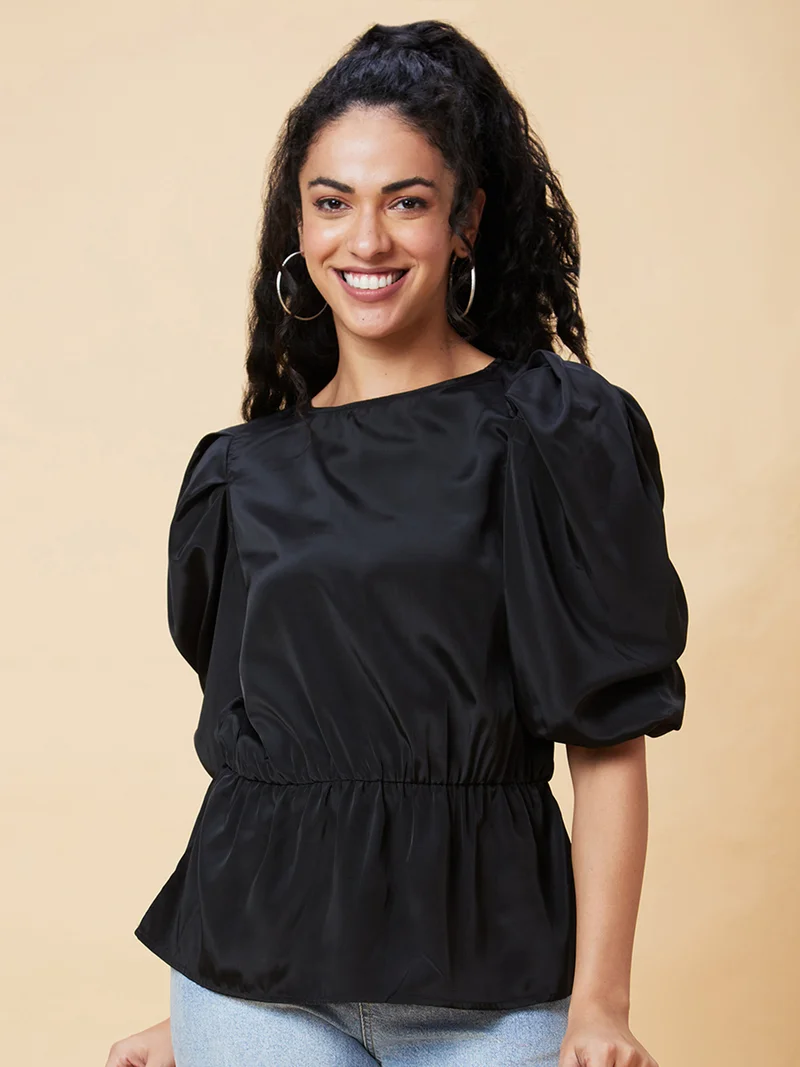 globus Women Black Puff Sleeve Gathered Cinched Waist Top