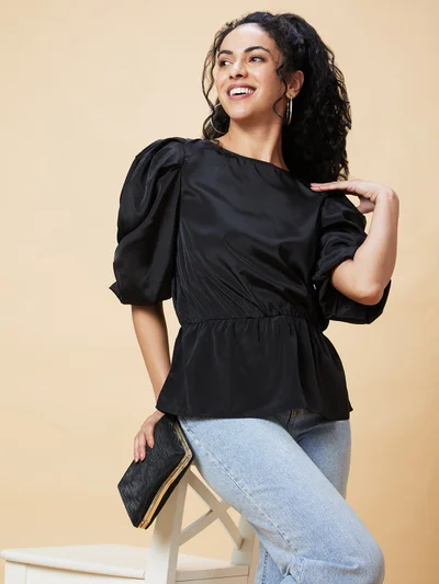 globus Women Black Puff Sleeve Gathered Cinched Waist Top