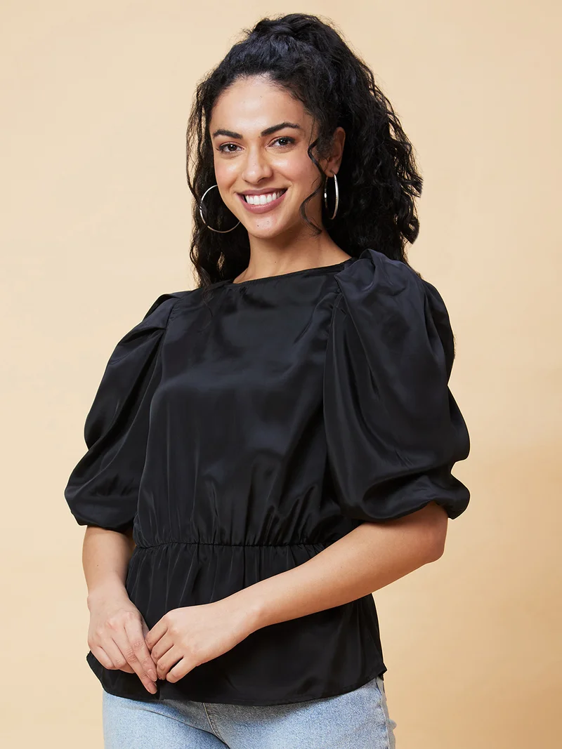 globus Women Black Puff Sleeve Gathered Cinched Waist Top