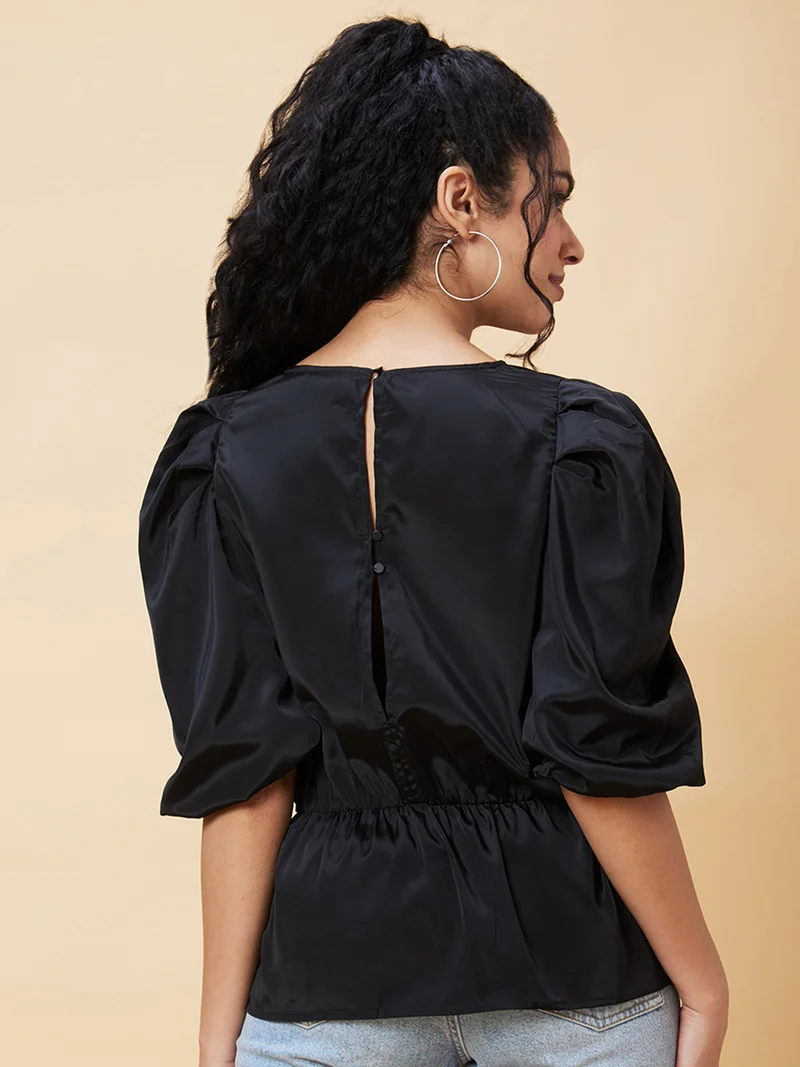 globus Women Black Puff Sleeve Gathered Cinched Waist Top