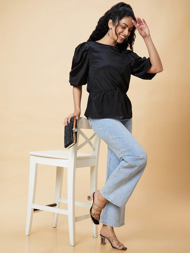 globus Women Black Puff Sleeve Gathered Cinched Waist Top