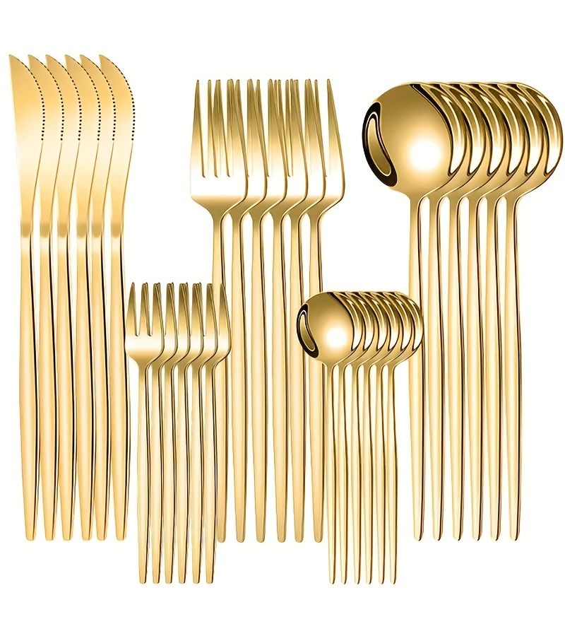 Golden 30 Piece Stainless Steel Cutlery Set Dinner Knife Fork Spoon Coffee Spoon Fruit Fork Hotel Restaurant Portuguese Cutlery - Image 1