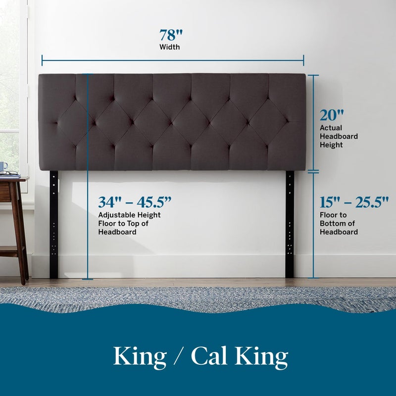 Lucid Mid-Rise Upholstered Headboard - Diamond Tufted - Padded Polyester - Adjustable Height from 34â€ to 46â€ - Easy Assembly - Bed Frame or Wall Mount - Sturdy - Charcoal - King / Cal King Size - Image 2