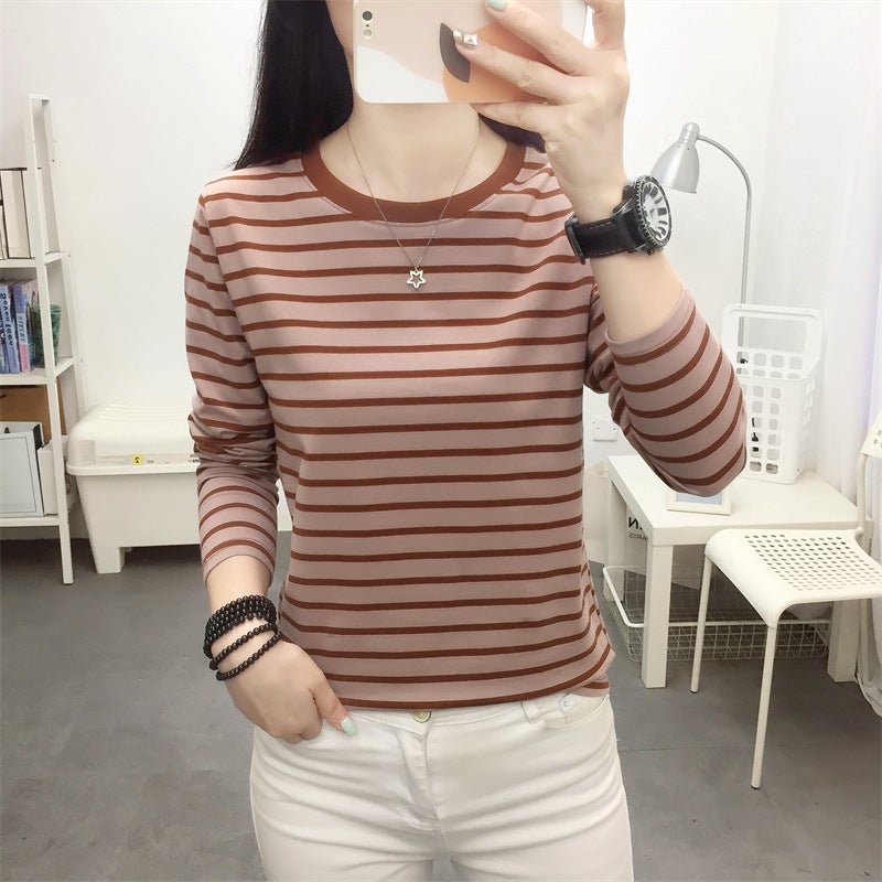 Outer Wearing Long-Sleeved T-Shirt Women'S Loose Plus Size Autumn Clothes Base Shirt Middle-Aged Mother'S Early Autumn Striped Top - Image 1