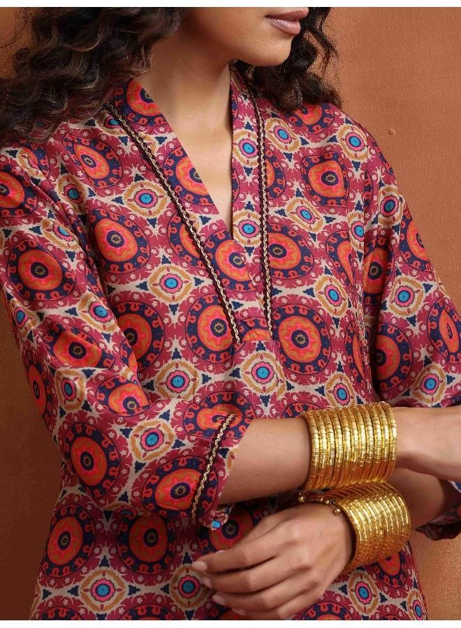 ترو برونز trueBrowns Beige Print Straight Kurta Set