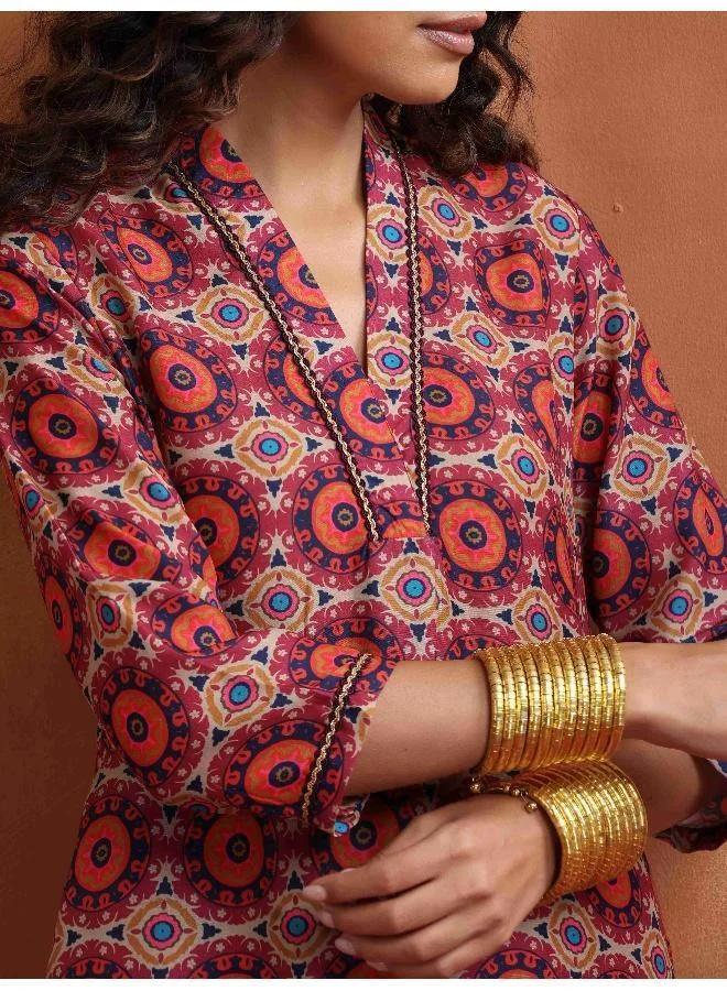 trueBrowns Beige Print Straight Kurta Set