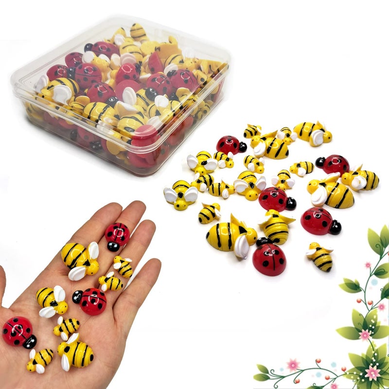 glacely 100 Pcs Tiny Resin Bees Ladybugs,Including 50 Pcs Resin Bee Ornaments 50 Pcs Resin Ladybugs Decors with Storage Box for DIY Crafts Wreath Party Home Decoration - Image 1