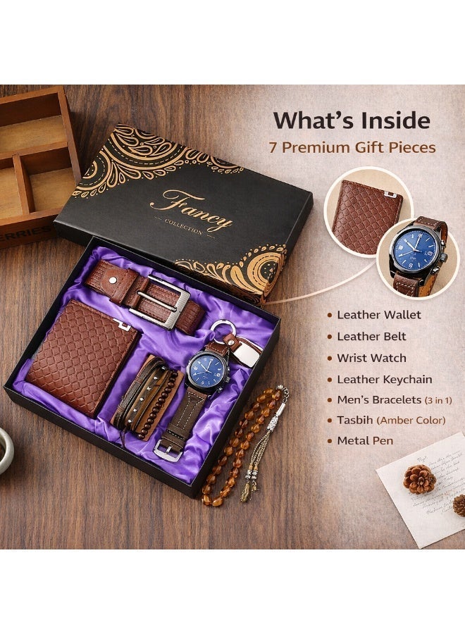 OLUDENIZ Corporate Luxury 7 in 1 Leather Sets Watch Wallet Belt Bracelet Key Chain Ballpoint Pen Rosary Box For Present Business Men Gift Set - Image 1