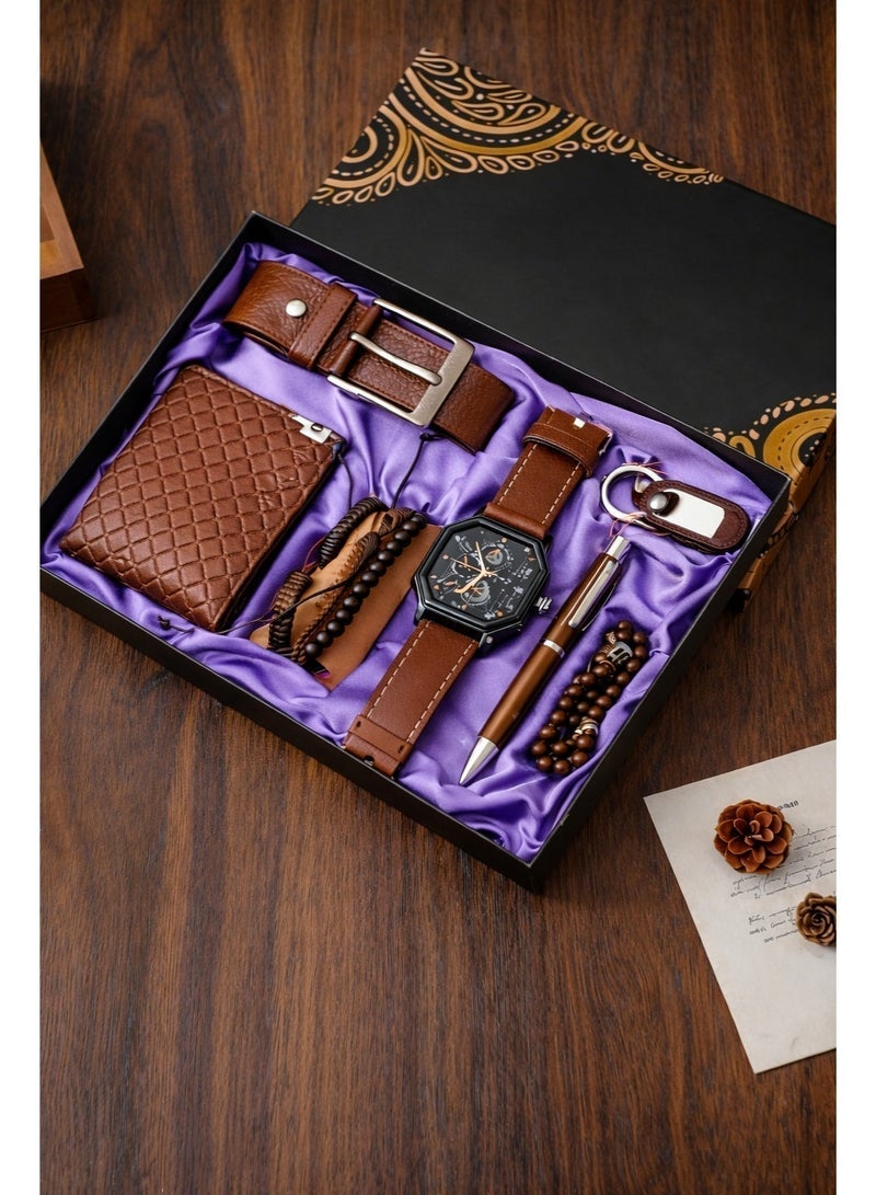 OLUDENIZ Corporate Luxury 7 in 1 Leather Sets Watch Wallet Belt Bracelet Key Chain Ballpoint Pen Rosary Box For Present Business Men Gift Set - Image 3