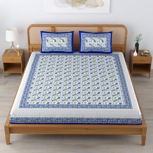 Colorish Cotton Blend Elephant Printed Jaipuri Super King Size Double Bedsheet, Blue - Image 4