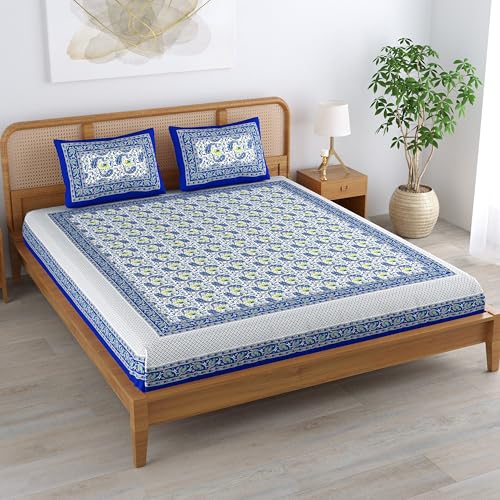 Colorish Cotton Blend Elephant Printed Jaipuri Super King Size Double Bedsheet, Blue - Image 5