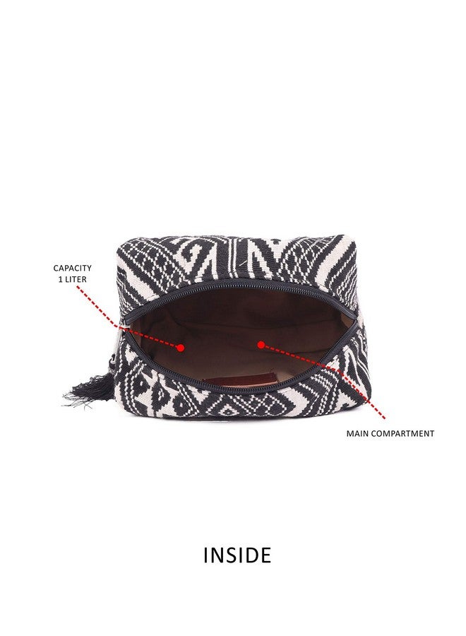 ASTRID Black & White Diamond Pattern Woven Makeup/Travel Pouch with Tassels (Black Textured) - Image 3