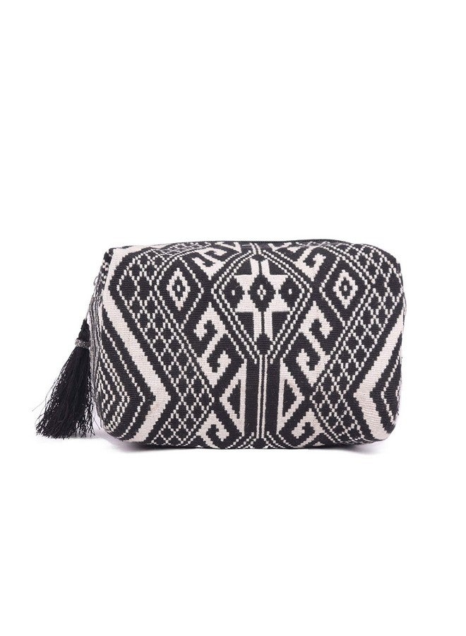 ASTRID Black & White Diamond Pattern Woven Makeup/Travel Pouch with Tassels (Black Textured) - Image 1