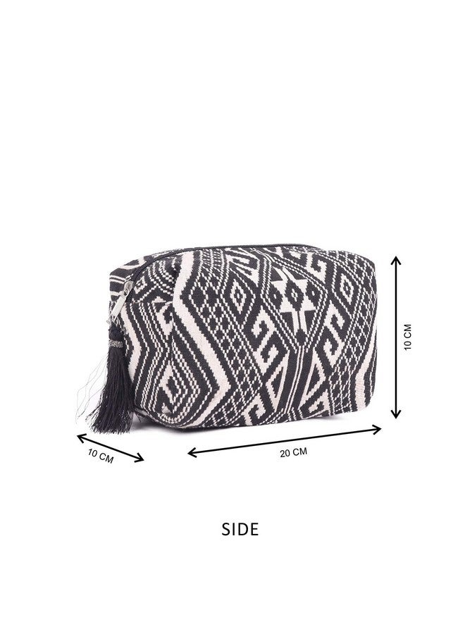 ASTRID Black & White Diamond Pattern Woven Makeup/Travel Pouch with Tassels (Black Textured) - Image 4