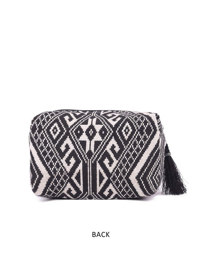 ASTRID Black & White Diamond Pattern Woven Makeup/Travel Pouch with Tassels (Black Textured) - Image 2
