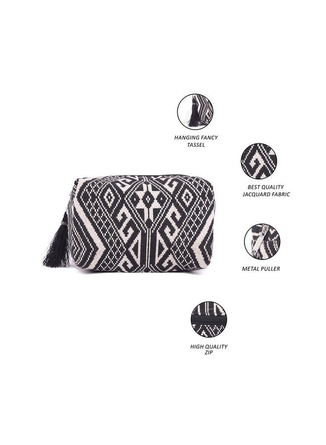 ASTRID Black & White Diamond Pattern Woven Makeup/Travel Pouch with Tassels (Black Textured) - Image 5
