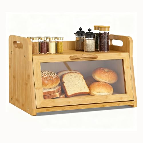 BAMBANG Extra Large Bread Box, Bread Box for Homemade Bread, Bamboo Wooden Bread Storage Container with Tool Holder & Handles & Window, Assembly Required(14.9" x 9.8" x 9.4") Natural - Image 1