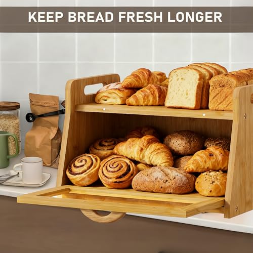BAMBANG Extra Large Bread Box, Bread Box for Homemade Bread, Bamboo Wooden Bread Storage Container with Tool Holder & Handles & Window, Assembly Required(14.9" x 9.8" x 9.4") Natural - Image 3