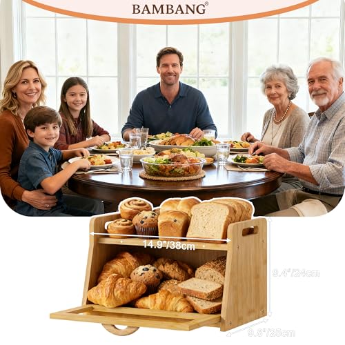 BAMBANG Extra Large Bread Box, Bread Box for Homemade Bread, Bamboo Wooden Bread Storage Container with Tool Holder & Handles & Window, Assembly Required(14.9" x 9.8" x 9.4") Natural - Image 2