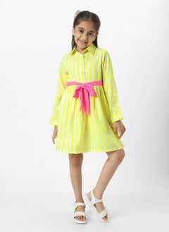 Nautinati Nautinati Girls' Yellow Striped Full Sleeves Collar Neck Casual wear Knee Length Dress  - Image 1