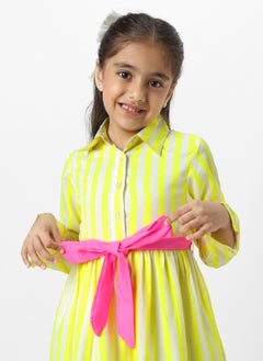 Nautinati Nautinati Girls' Yellow Striped Full Sleeves Collar Neck Casual wear Knee Length Dress  - Image 4