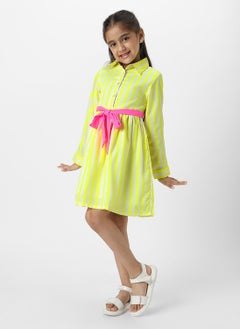 Nautinati Nautinati Girls' Yellow Striped Full Sleeves Collar Neck Casual wear Knee Length Dress  - Image 2