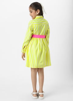 Nautinati Nautinati Girls' Yellow Striped Full Sleeves Collar Neck Casual wear Knee Length Dress  - Image 3