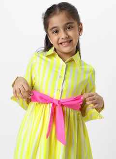 Nautinati Nautinati Girls' Yellow Striped Full Sleeves Collar Neck Casual wear Knee Length Dress  - Image 5