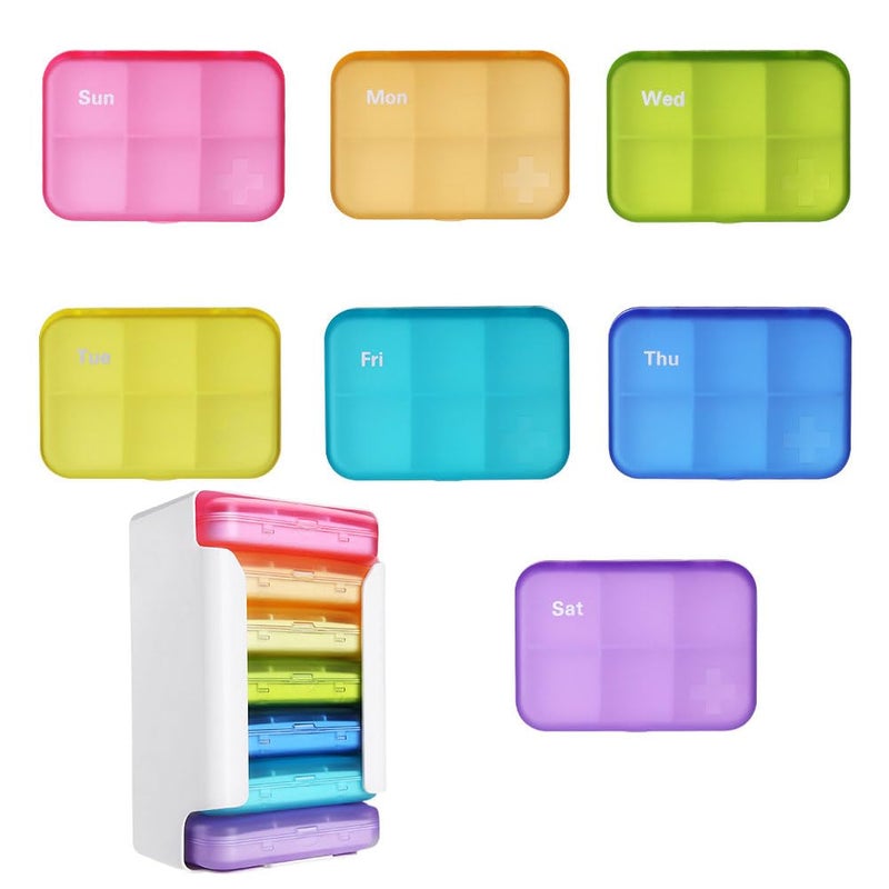 SHUNCHG 7 Piece Set Pill Organizer 6 Times a Day, Weekly Pill Case, Pill Organizer with Labels, Travel Pill Dispenser 7 Day with 42 Copartments for Medication/Vitamin/Fish Oil/Supplements - Rainbow Colors - Image 1