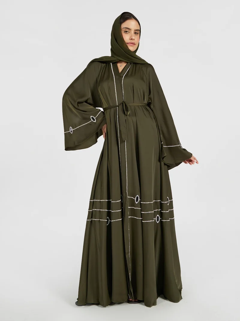 عباءات ريم Dark Olive Satin Abaya with Crystal Banding