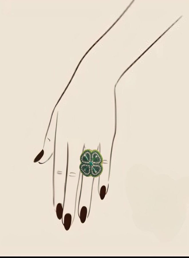 Abeo india Handmade Beaded Clover Ring, Green and Yellow Crystal Embellished - Image 2
