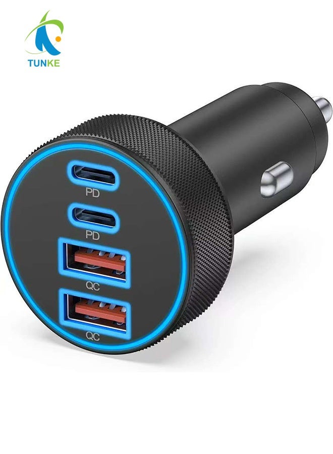 TUNKE 4-in-1 Aluminum Alloy Super Fast Car Charger, Dual PD 30W + Dual QC3.0 USB Ports, Cigarette Lighter Adapter for iPhone, Samsung, Xiaomi, Huawei and All Android Phones - Image 1