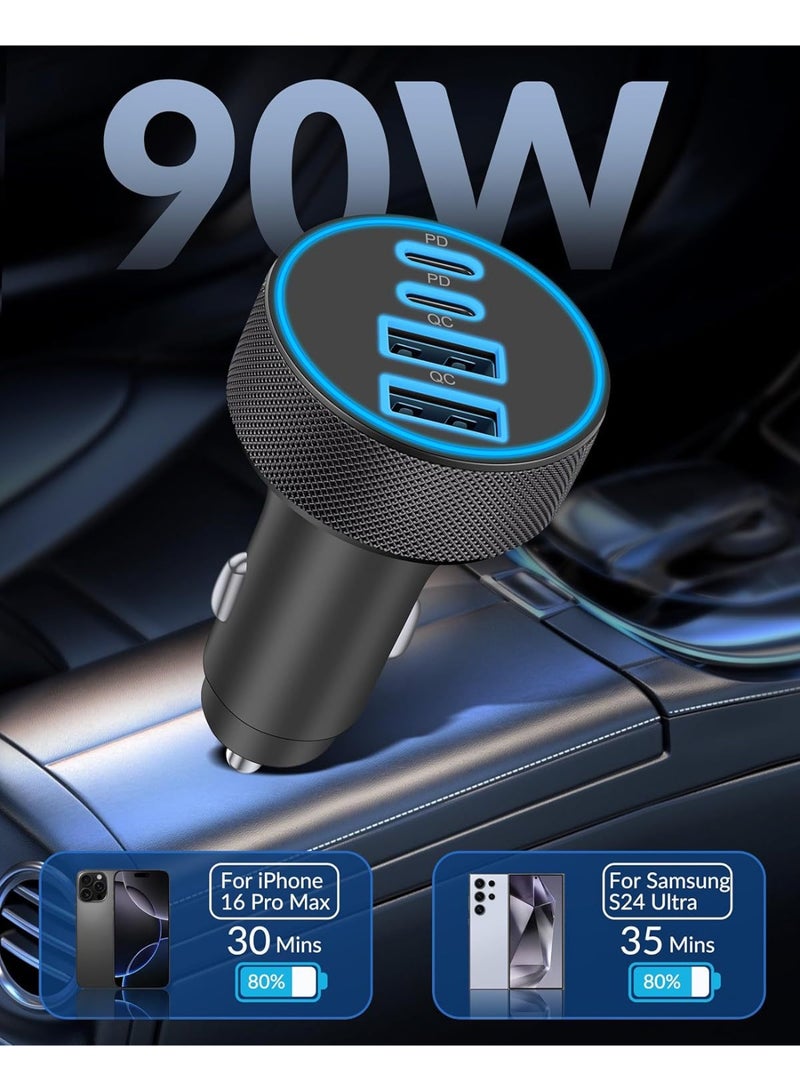 TUNKE 4-in-1 Aluminum Alloy Super Fast Car Charger, Dual PD 30W + Dual QC3.0 USB Ports, Cigarette Lighter Adapter for iPhone, Samsung, Xiaomi, Huawei and All Android Phones - Image 2