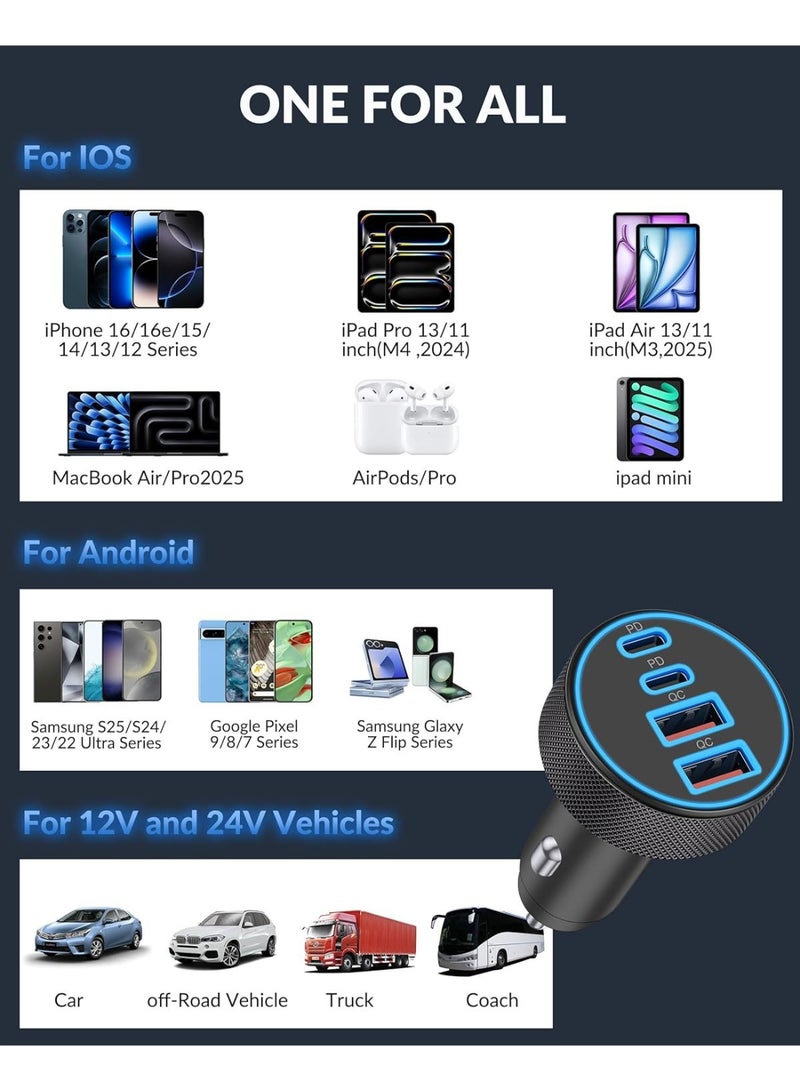 TUNKE 4-in-1 Aluminum Alloy Super Fast Car Charger, Dual PD 30W + Dual QC3.0 USB Ports, Cigarette Lighter Adapter for iPhone, Samsung, Xiaomi, Huawei and All Android Phones - Image 5