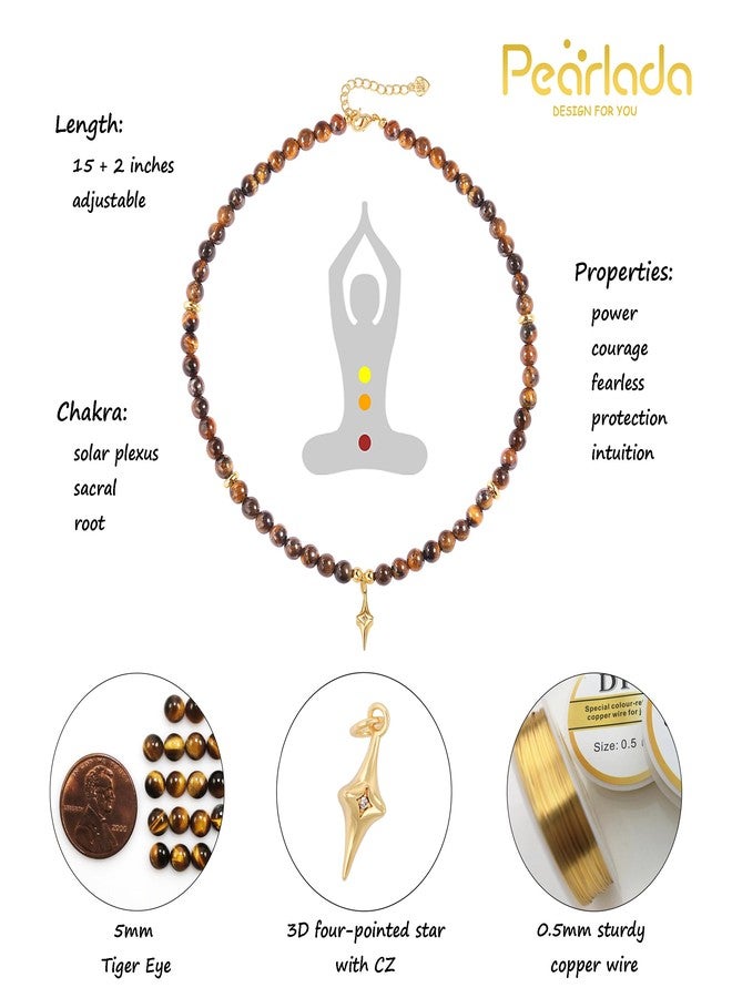 PEARLADA Tiger Eye Beaded Choker, Healing Crystal Necklace for Women, 18k Gold Plated Bead Charm Necklace - Image 4
