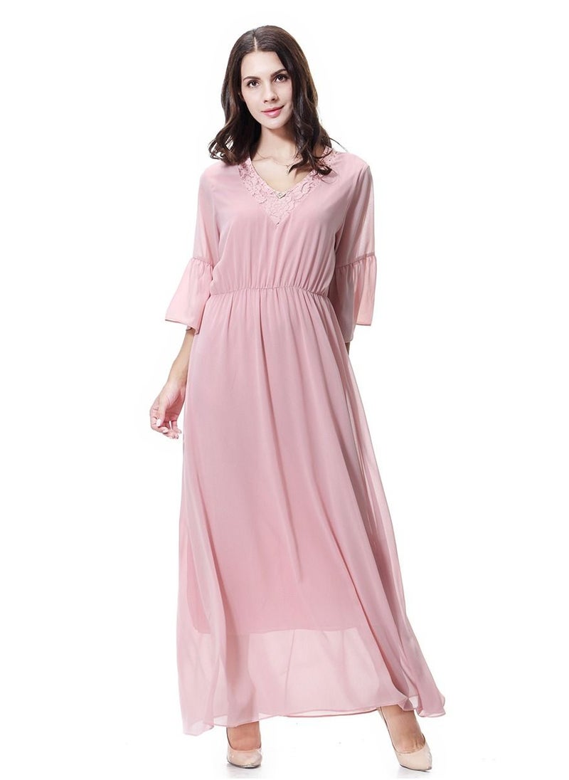 Loquat - Women's Solid Color V- Neck Flare Sleeve Chiffon Maxi Long Dress Robe  Pink - Image 1