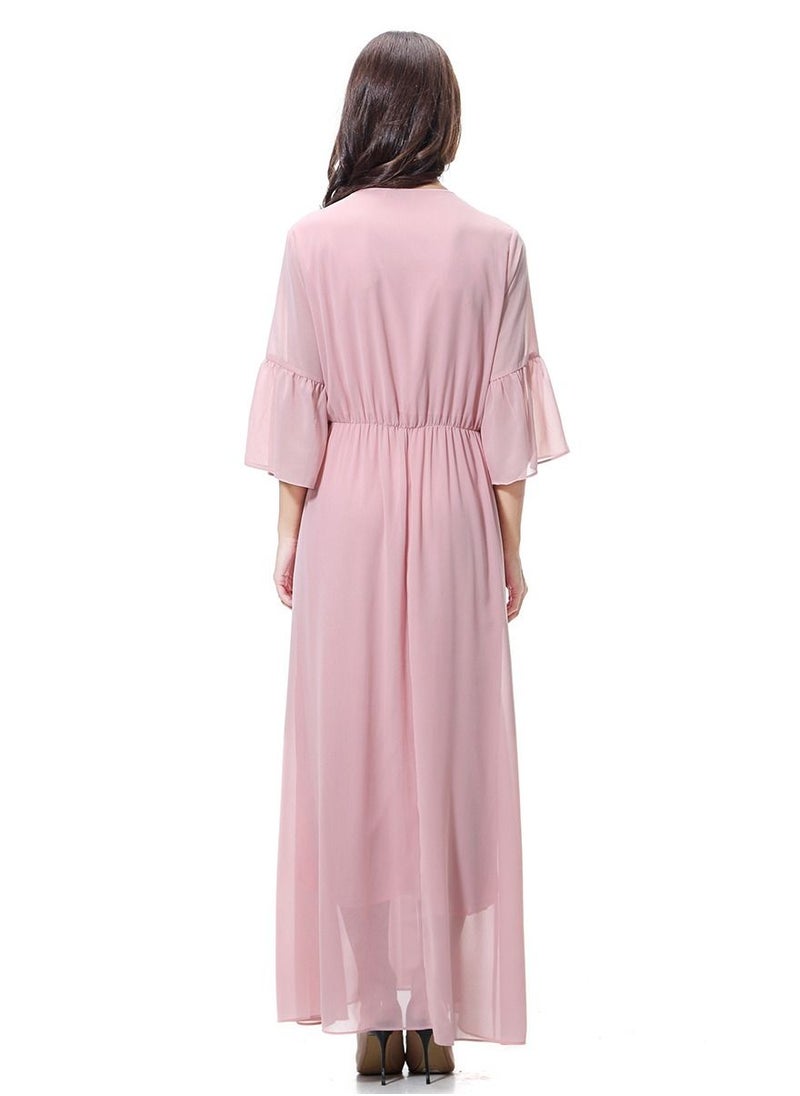 Loquat - Women's Solid Color V- Neck Flare Sleeve Chiffon Maxi Long Dress Robe  Pink - Image 1