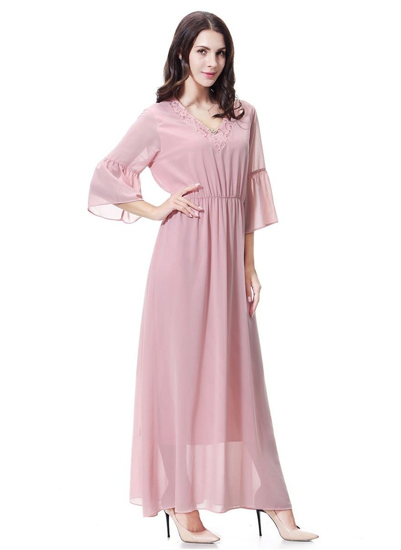 Loquat - Women's Solid Color V- Neck Flare Sleeve Chiffon Maxi Long Dress Robe  Pink - Image 1