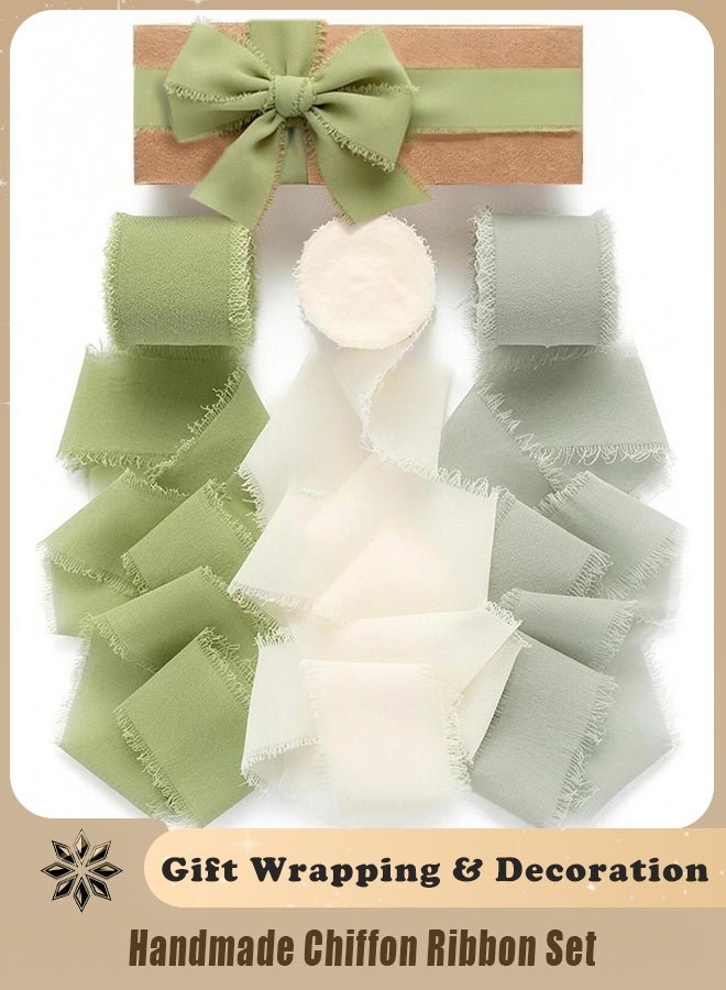 RESONIX 3 Rolls Handmade Chiffon Ribbon Set – 1.5 Inch x 21 Yards Green & Cream Fringe Silk Ribbon for Wedding Invitations, Bouquets, Gift Wrapping & Decoration - Image 1