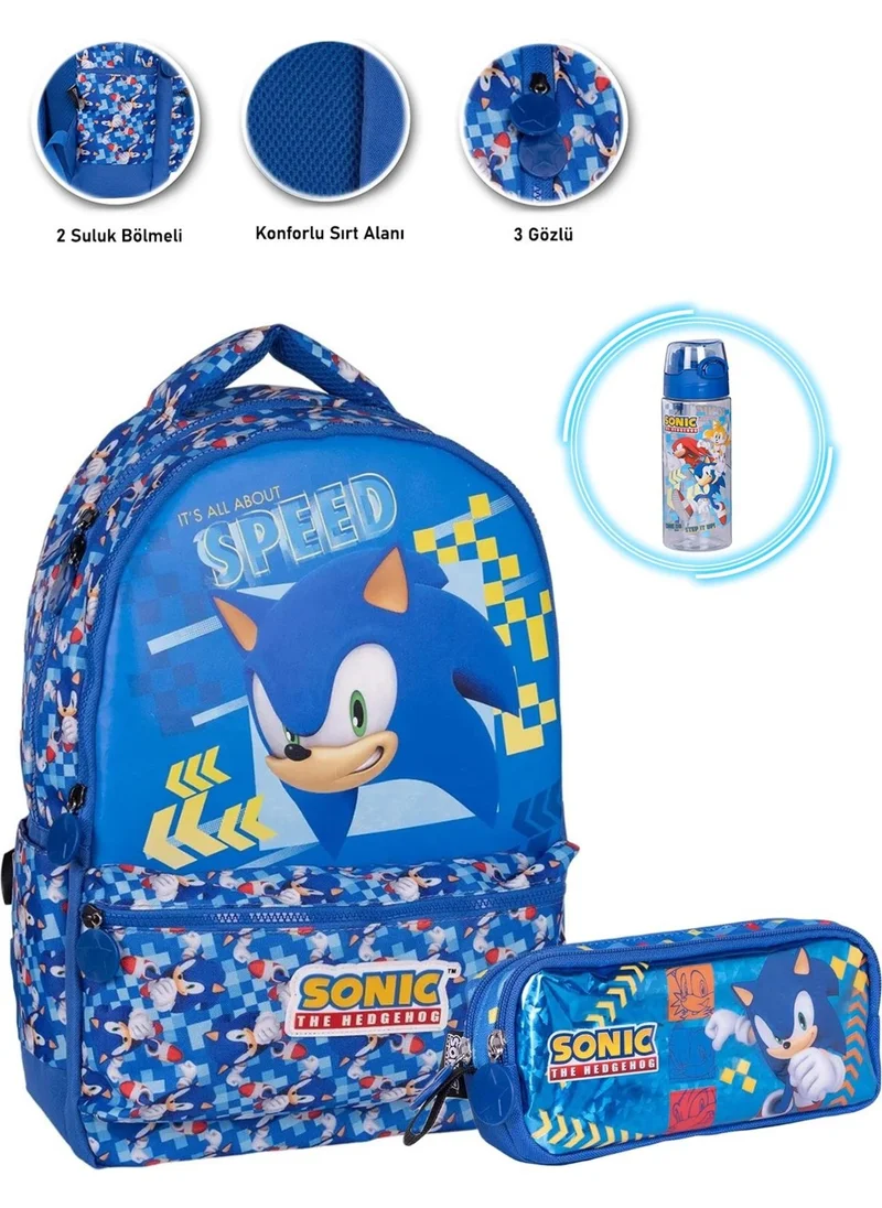 Masho Trend 3 Compartment End Sonic School Bag + Pencil Case + Sonic Water Bottle - Sonic Bag Primary School Bag Boys School Bag