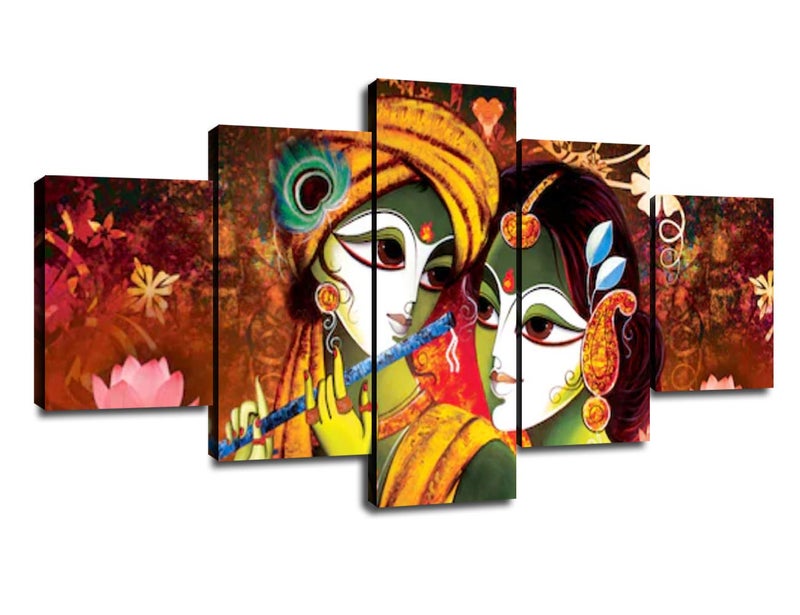 Decor for Wall Radha Krishna Picture Classic Painting 5 Panel Canvas Wall Art Living Room Decorations Poster Prints Framed Ready to Hang60Wx32H