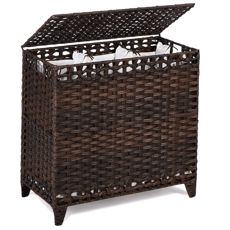 Laundry Hamper with 3 Removable Liner Bags 132L Handwoven Rattan Laundry Basket with Lid  Heightened Feet Clothes Hamper with Side Handles Laundry Sorter with 3 Separate Sections Brown