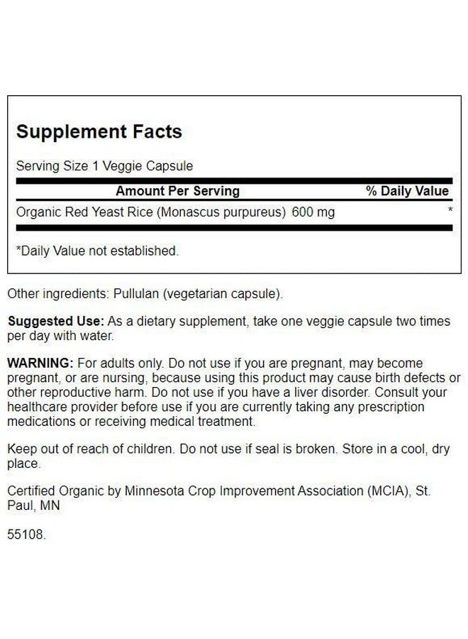 SWANSON Made With Organic Traditional Red Yeast Rice 600 Milligrams 60 Veg Capsules - Image 3